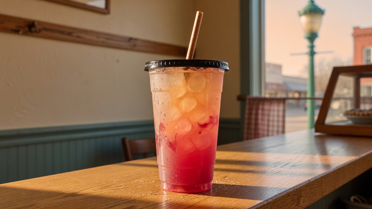 A layered peach and raspberry iced tea on the cafe counter, street lamp glowing outside